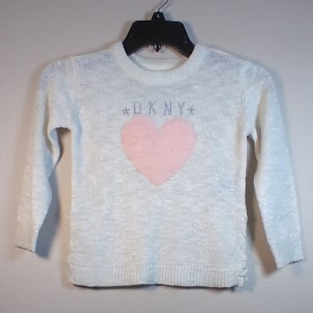 DKNY Girls Pink Heart Signature Sweater Size: 4 - Picture 3 of 15